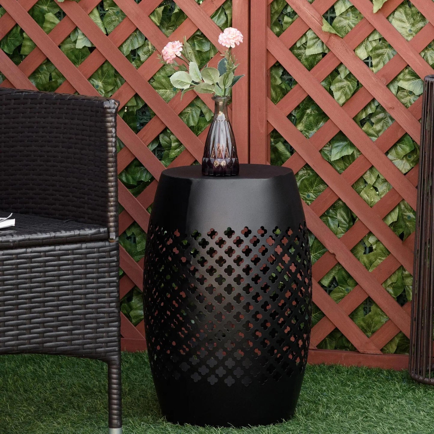 Resenkos Outdoor Side Table, Round Hollow Drum Patio End Table, Steel, Black