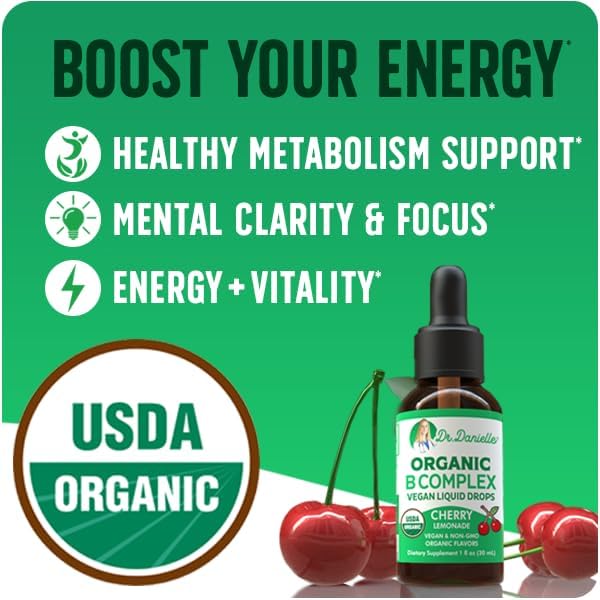 Organic Vitamin B Complex Liquid Drops | B Vitamins Complex Supplement with B3, B6, B7, B9 & Methyl B12 Drops for Adults & Kids | Vegan Cherry Flavor 1oz | 60 Servings / 2 Month Supply