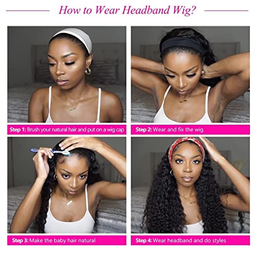 Headband Wig Human Hair Deep Wave 16 Inch Curly Headband Wigs for Black Women Human Hair Glueless None Lace Front Wig Brazilian Virgin Hair Wear and Go Wigs 150% Density Natural Black Color