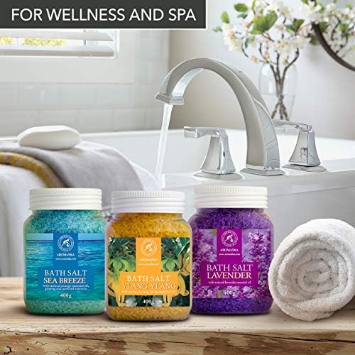 Bath Salts Set 42 Oz - Lavender - Sea Breeze - Ylang-Ylang - 100% Natural Essential Oil - Bathing - Body Care - Beauty - Relaxation - Spa