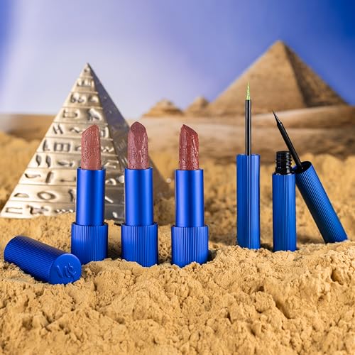 Whats Up Beauty - Egyptian Queen Collection (3 Lipsticks & 2 Liquid Eyeliners) Clean Cruelty Free Vegan Lip Eye Makeup