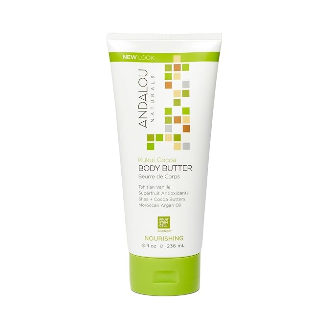 Andalou Naturals Body Butter, Kukui Cocoa Nourishing Body Cream, 8 Oz, Shea Butter, Cocoa Butter & Argan Oil for Dry Skin, Vegan