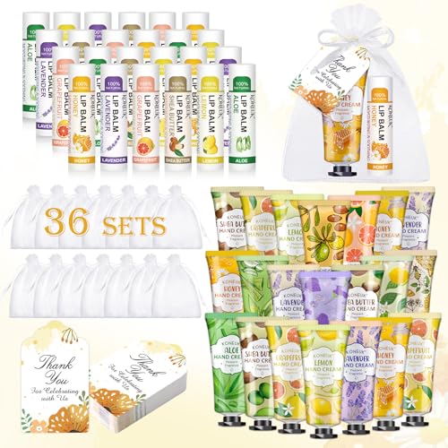 36 Pack Hand Cream Bulk and Lip Balm Bulk Sets, Bridesmaid Gifts, Thank You Gifts and Bridal Shower Gifts for Guests with Thank You Card Organza Bags, Birthday Gifts, Bulk Gifts, Small Gifts for Women