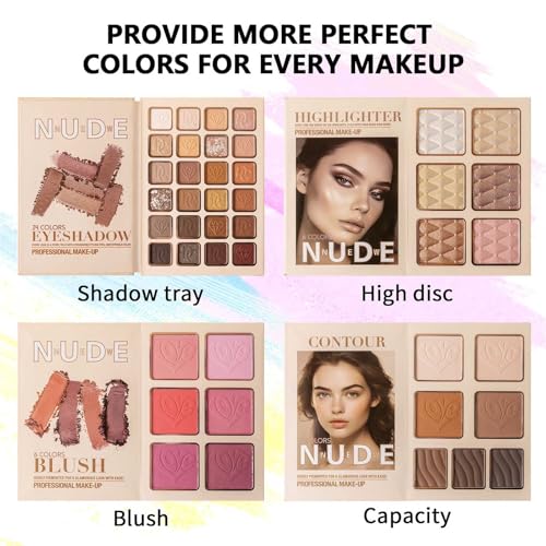 Makeup Palette,Eyeshadow & Highlighter & Blush & Contouring,4-Layer Book-Style Foldable Makeup Palette Set,Matte Glitter Metallic Shimmer, Highly Pigmented Long Lasting Make Up Pallet(43 Colors)
