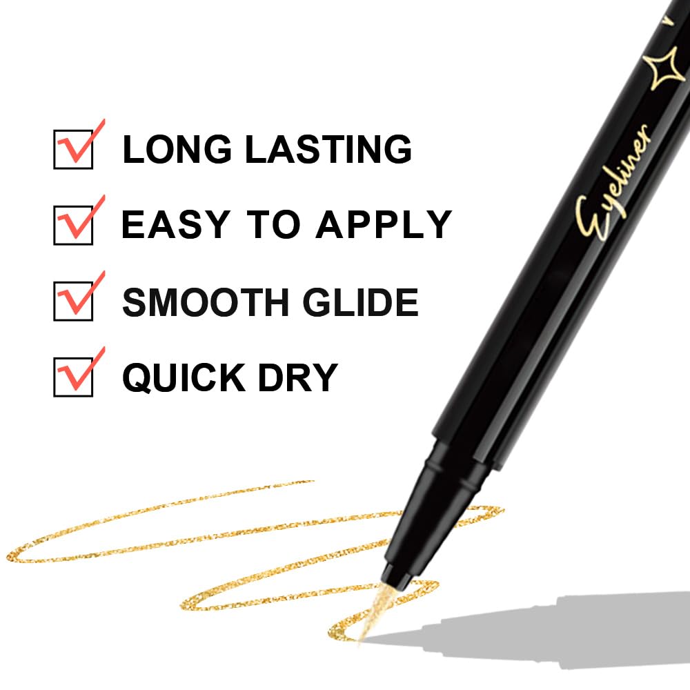 evpct 2Pcs Glitter Sparkling Shimmer Gold & Silver Liquid Eyeliner Makeup Pen Set, Metallic Satin Finish Colorful Colored Sparkle Eye Liner Pen Waterproof Smudge Proof Long Lasting High Pigmented