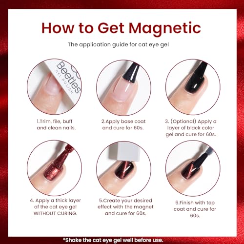 Beetles Cat Eye Gel Nail Polish Set, 6 Colors Glitter Red Pink Shiny Brown Burgundy Purple Blue Green Magnetic Effect Sparkle Stunning Nail Gel Polish Kit Soak Off UV Manicure Gifts for Women
