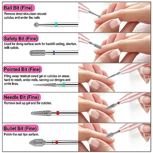 25Pcs Nail Drill Bits Set with Storage Box, 3/32 Inch Tungsten Ceramic Diamond Carbide Nail Drill Bits for Acrylic Gel Polish, Cuticle Efile Remover for Manicure Pedicure