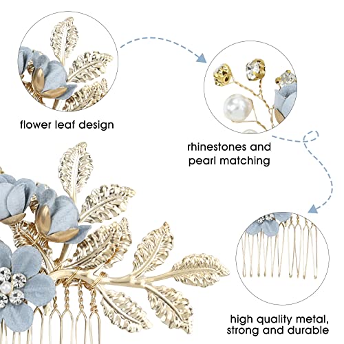 inSowni 20 Pack Classy Dusty Blue Flower Bridal Wedding Hair Side Combs+Floral Hair Pins+Twist Spiral Pearl Hair Pins Clips Pieces Formal Prom Headpieces Accessories for Brides Bridesmaids Women Girls