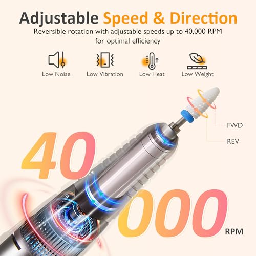 Sunvivi 40000RPM Electric Nail Drill, Rechargeable Nail File Set for Acrylic Nails Gel Polishing, Professional Nail E File Manicure Pedicure Tools with Nail Drill Bits for Home Salon Use
