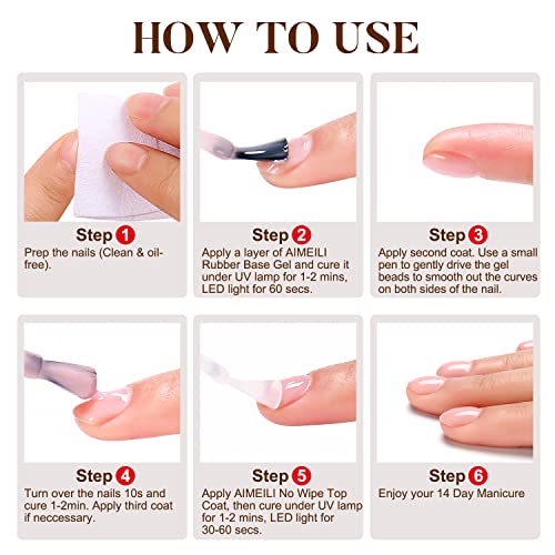 AIMEILI Hema Free Rubber Base Gel For Nails, Soak Off U V LED Clear Sheer Gel Nail Polish, 4 in 1 Nail Strengthen/Enhance/Base Coat/Color Gel Polish Set Of 6pcs X 10ml - Kit 44