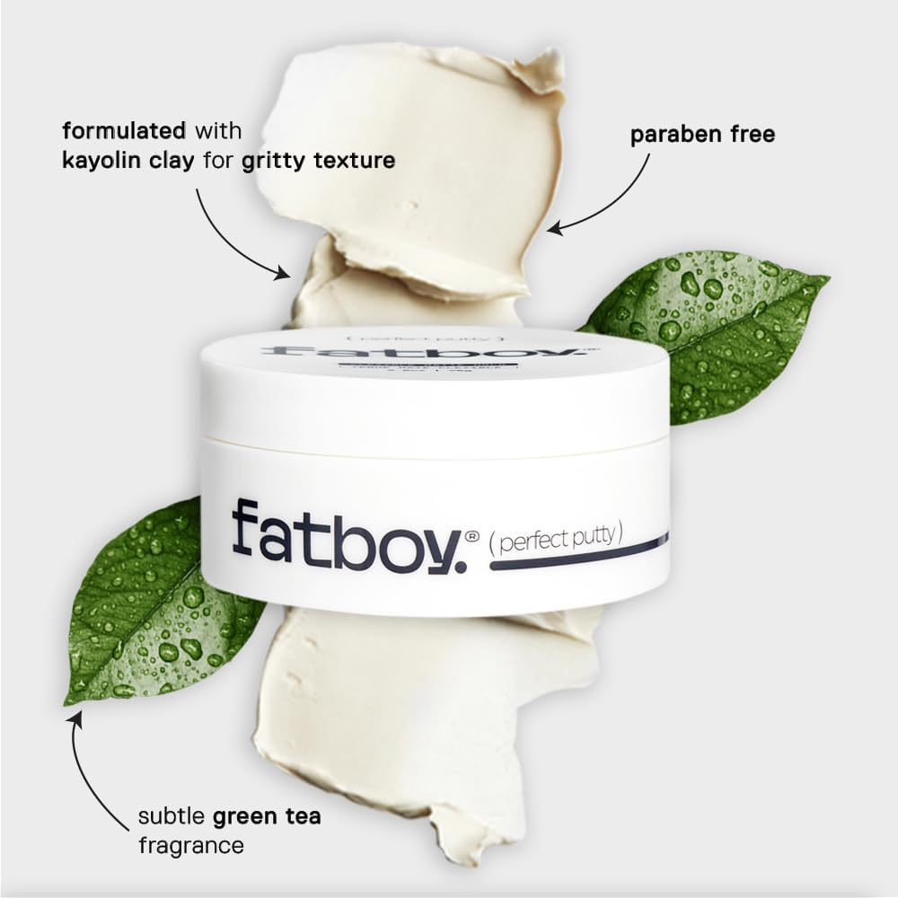 Fatboy Hair Perfect Putty, Styling Kaolin Clay Putty, Medium Hold for Volume & Texture, Matte Finish, Hair Care for All Hair Types, Flexible Lightweight Formula, Paraben Free, Color Safe, 2.6 Oz