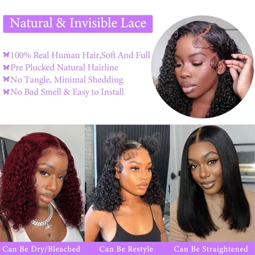 14 Inch Bob Wig Human Hair 13x6 Frontal Lace Wig 200% Density HD Lace Front Wigs Human Hair Pre Plucked Short Bob Wigs for Black Women 100% Real Human Hair Curly Natural Black