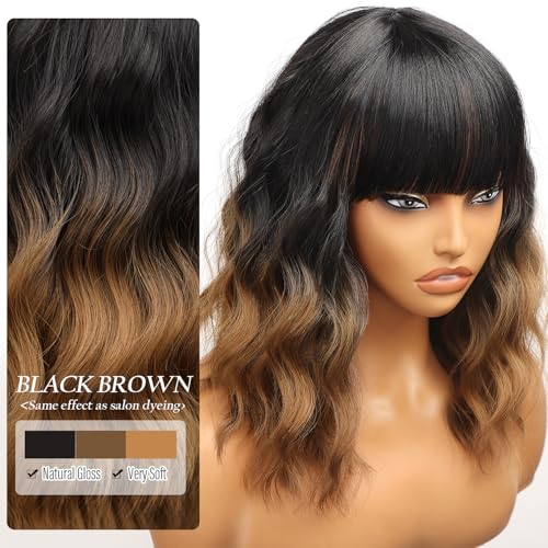 Nnzes Short Wavy Wig with Bangs for Women Shoulder Length Bob Curly Women's Charming Synthetic Wigs with Natural Wavy Black To Brown Heat Resistant Hair for Daily Party Use