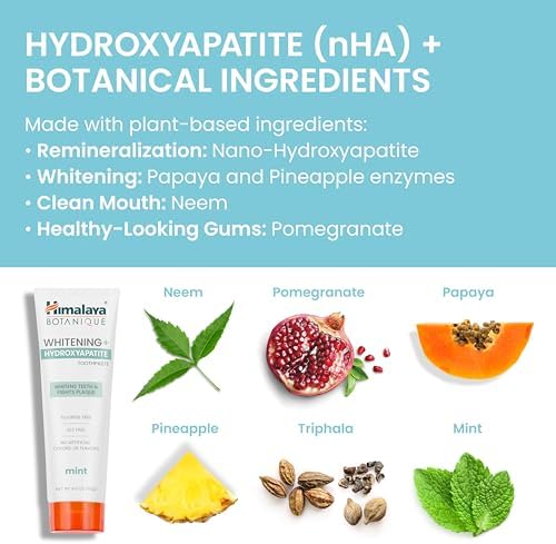 Himalaya Botanique Whitening + Hydroxyapatite Toothpaste, Mint Flavor - Nano Hydroxyapatite to Support Remineralization and Restore Enamel, Appropriate for Sensitive Teeth - Vegan, Gluten Free, 4 oz
