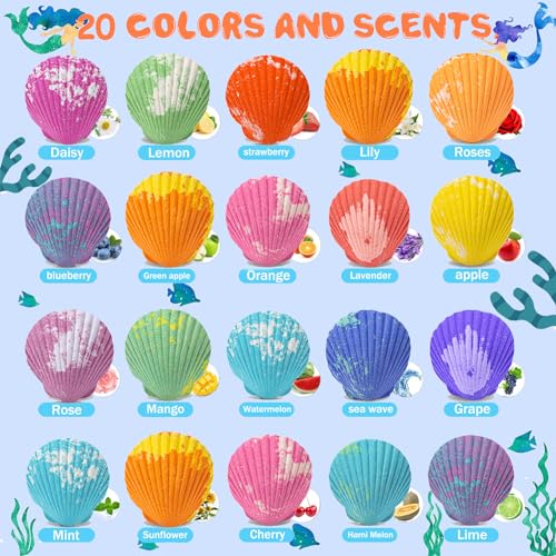 20 Pack Mermaid Bath Bombs for Girls Kids with Surprise Inside Mermaid Gifts for Girls Birthday Gifts Easter Christmas Princess Jewelry Natural Organic Bubble Shell Bath Bomb Set