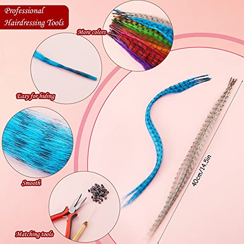 Xinnun 52 Pcs Colored Hair Feathers Extension Kit for Women 13 Colors Long Straight Synthetic Hair Feather 200 Silicone Lined Micro Ring Crochet Hook and Lengthen Remover Plier for Cosplay Party