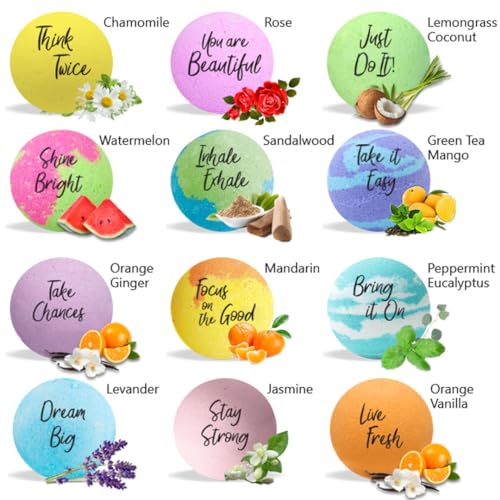 Bath Bombs for Women Relaxing with Inspirational Messages, 12 Natural and Organic Bath Bombs with Essential Oils & Skin Moisturizing Shea Butter. Birthday Gift, Appreciation Gift for Wife Girlfriend