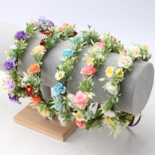 Floral Crown Women Girls - Orange Boho Floral Headpiece with White Green Leaves Charming Fairy Flower Headband for Wedding Photo Shoot Festivals