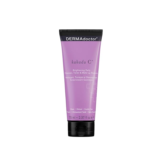 DERMAdoctor Kakadu C Dermatologist Formulated Vitamin C Brightening Daily 3 in 1, Exfoliating Face Wash, Toner, Make up Remover, Hydrating Facial Cleanser for Uneven, Dull Skin, Travel Size - 2.37 oz