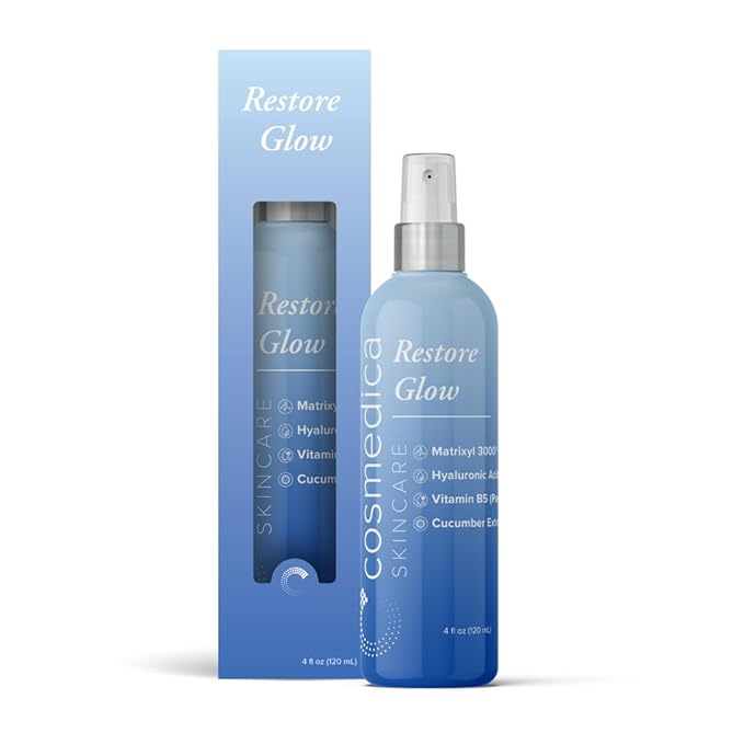 Cosmedica Skincare Restore Glow Peptide Spray Hydrating Mist with Matrixyl 3000, Vitamin B5, Hyaluronic Acid & Cucumber Extract for Radiant Skin – 4 oz