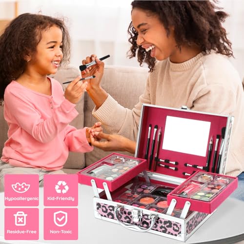 Anpro All-In-One Leopord Double Folding Makeup Carry Case with Pro Teen Makeup Set, Full Starter Kit with Makeup Brushes, Lipsticks, Eyeshadow Palette, Blushes, Glitter Gel, Ideal Present for Girls