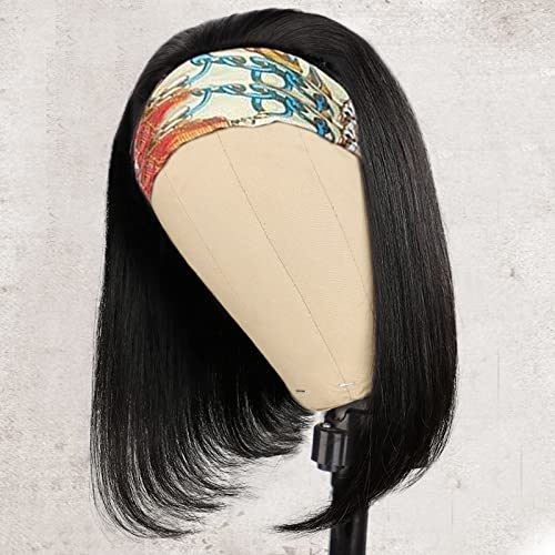 AISI Headband Wigs Human Hair Bob Headband Wigs for Black Women Easy Put On and Go Glueless Wig Short Straight Wigs Machine Made 150% Density No Lace Wig Natural Color(10 Inch)