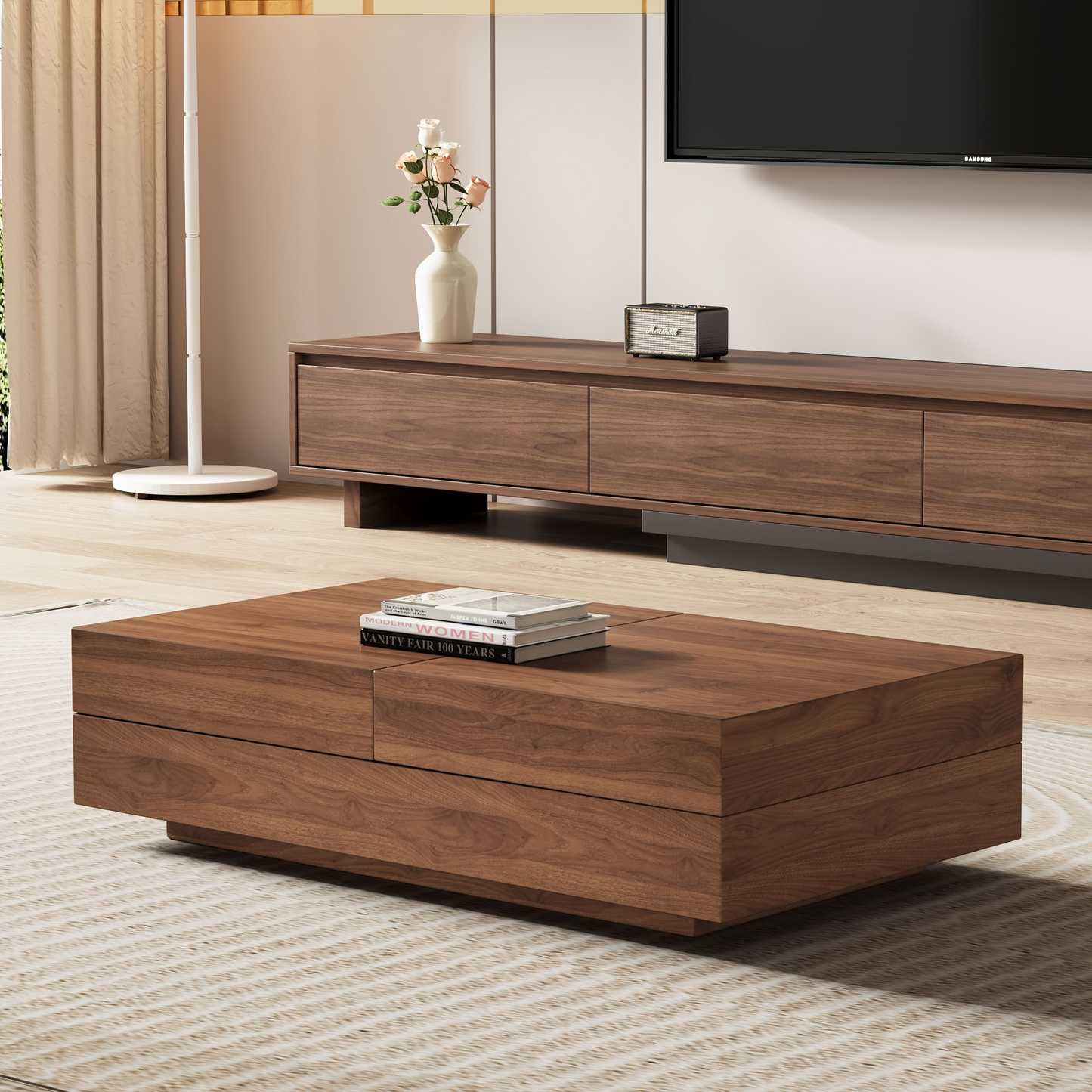 Mid-Century Modern Expandable Coffee Table with Large Storage, Centerpiece for Living Room, Walnut