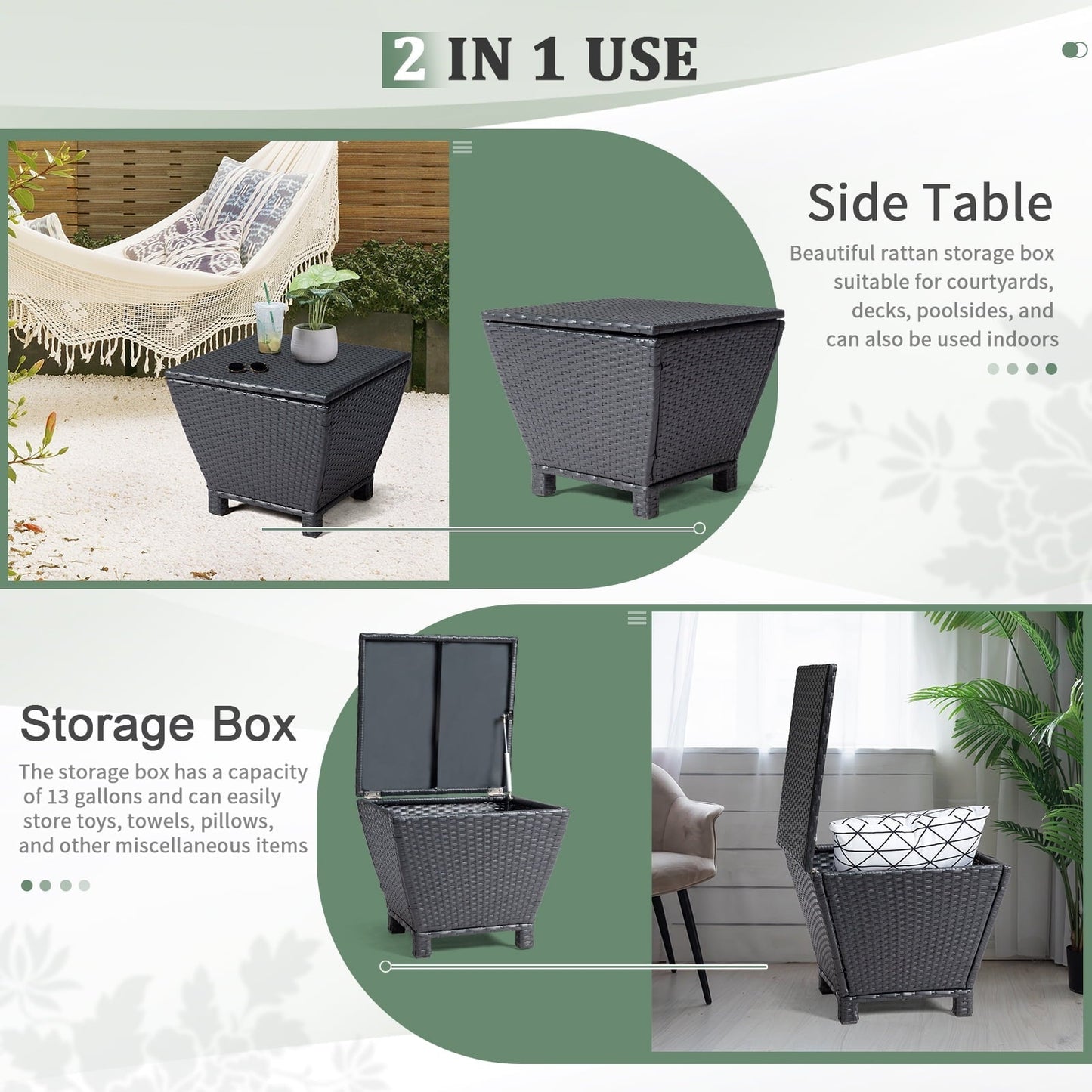 Ktaxon Wicker Side Table with Storage, 13 Galllon Ratten Storage Side Box Container, Wicker Storage Coffee Table for Outdoor Indoor, Black