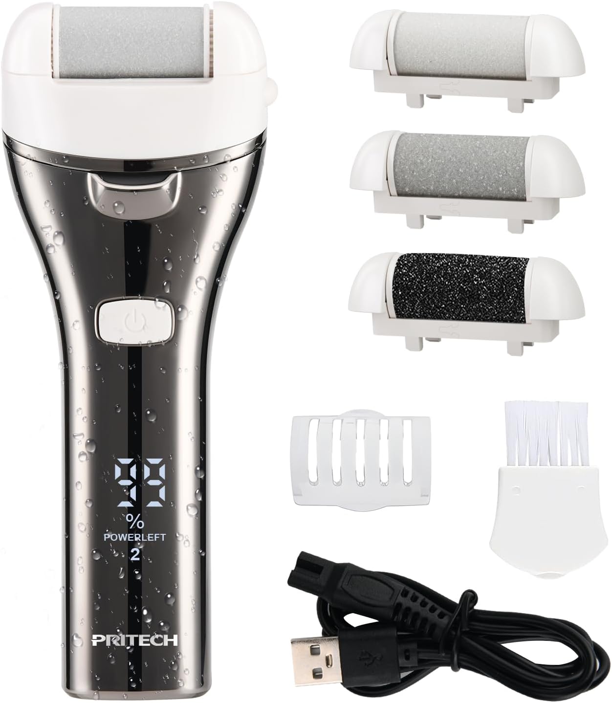 Electric Foot Callus Remover, Rechargeable Portable Electronic Foot File Pedicure Kits, 3 Roller Heads, 3 Speed, Battery Display for Remove Cracked Heels Calluses and Dead Skin（BCM-1852）