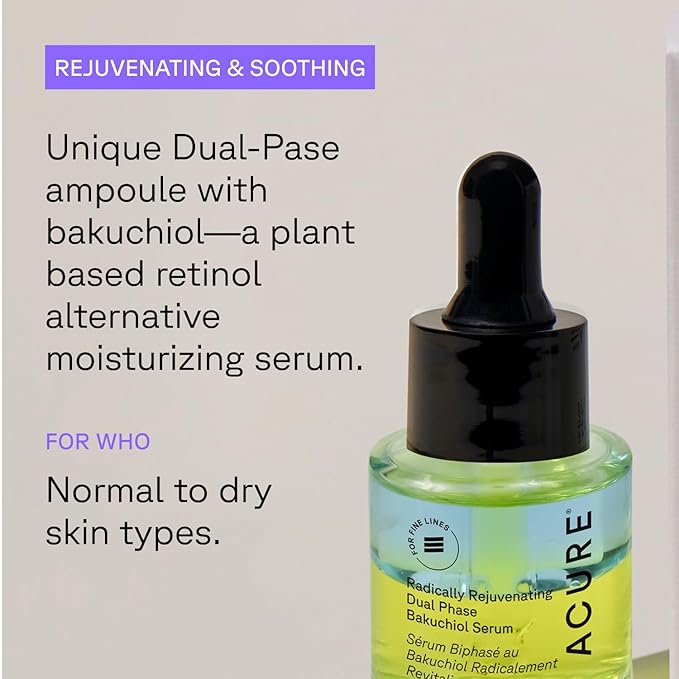 Acure Radically Rejuvenating Dual Phase Bakuchiol Serum - Bakuchiol Oil Serum for Face, Anti Aging Retinol Alternative for Wrinkles & Fine Lines, Cold Pressed Botanical Oils, Vegan - 0.67 fl oz