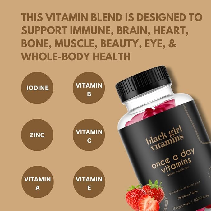 Black Girl Vitamins Once a Day - Womens Multivitamin Gummy - Vitamin A, B, C, E and Zinc. Multivitamin for Women, Immune Support. Vegan, Gluten-Free. Made in The USA (Strawberry, 30 Day Supply)
