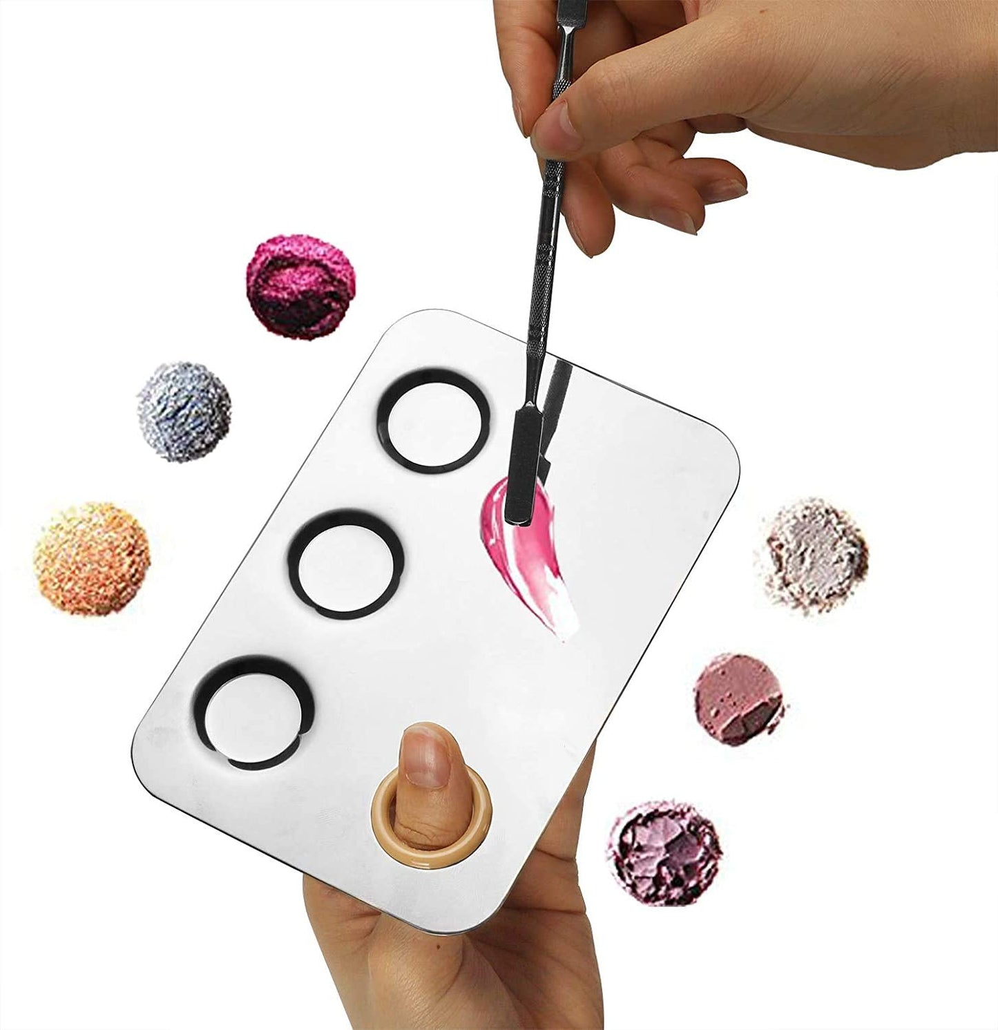 Makeup Mixing Palette, 6x4inch Stainless Steel Makeup Palette 3-well Nail-art Cosmetic Artist Mixing Palette with Makeup Spatula, Stocking Stuffers Christmas Gifts for Women