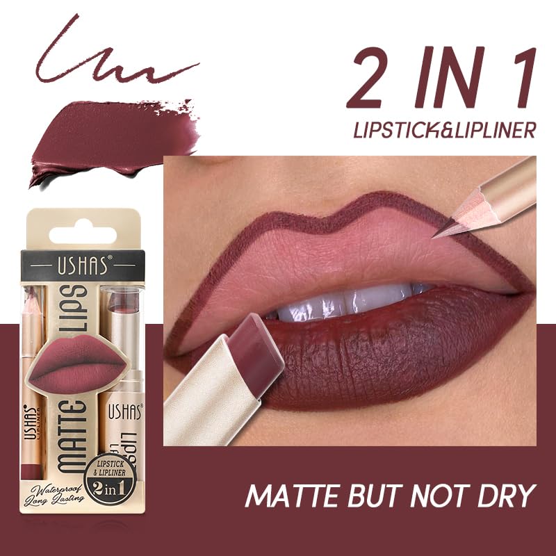 USHAS Lipstick and Lip Liner Combo Set 2 in 1 Waterproof Lipstick for Women Lip liner Set Long Lasting Lipstick, Matte Lipstick Pen with Lip Liner Set Makeup Kits (G1, Pack of 1)
