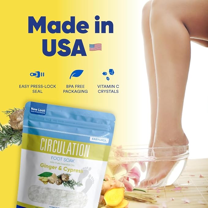 Circulation Foot Soak 32 Ounces (2 Lbs) Epsom Salt with Pure Essential Oils Ginger and Cypress Essential Oils Plus Vitamin C in BPA Free Pouch with Easy Press Lock Seal