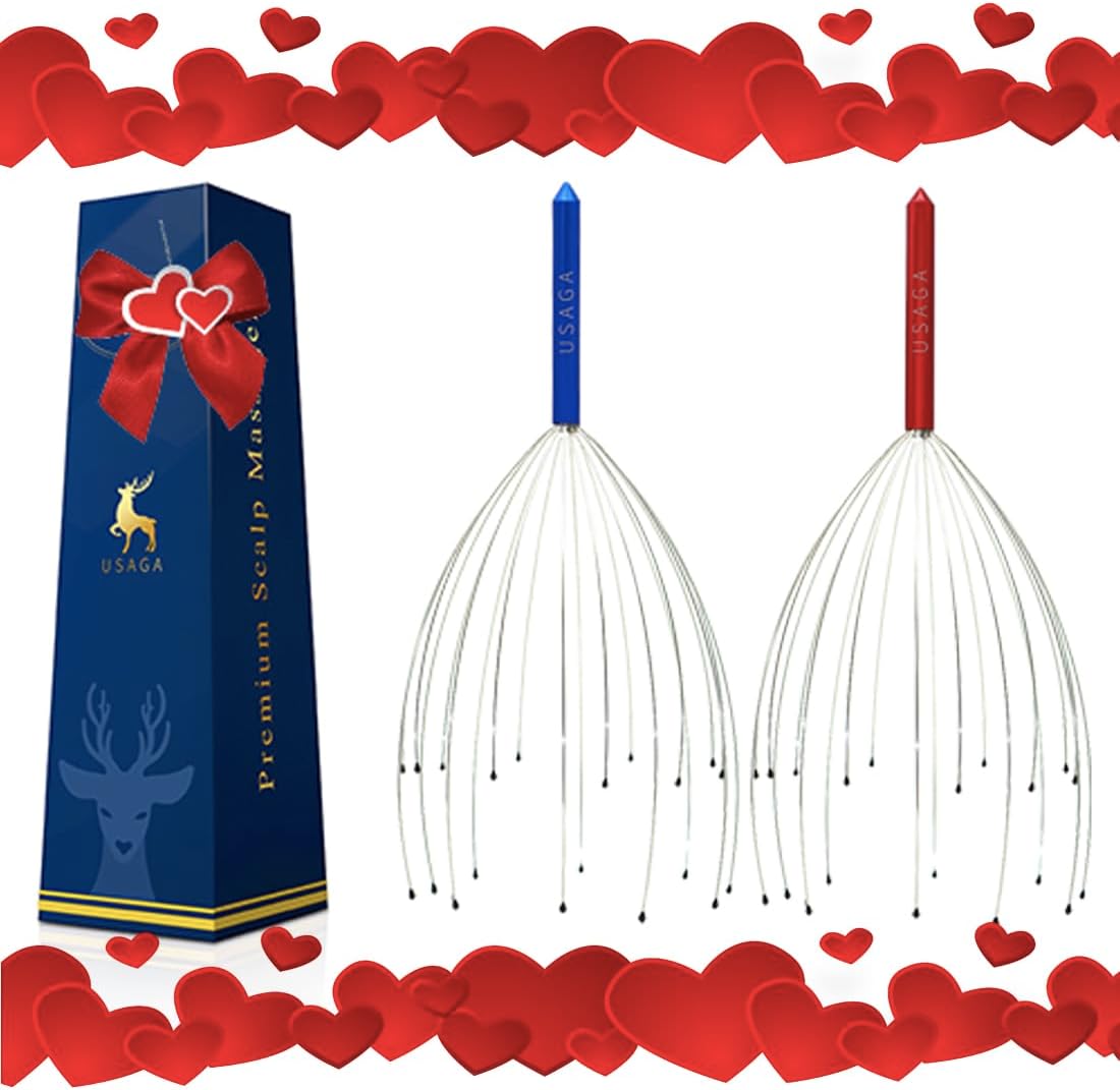 USAGA Head Massager Scalp Massager 20 Fingers Head Scratcher for Scalp Body Relaxing (Red & Blue)