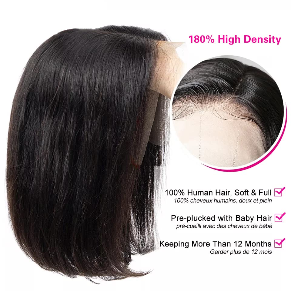 Bob Wig Human Hair 13x4 Lace Front Wigs Human Hair Pre Plucked with Baby Hair 180% Density Short Bob Wigs for Women Straight Bob Frontal Wigs for Women Natural Black (12inch,Short Wigs)