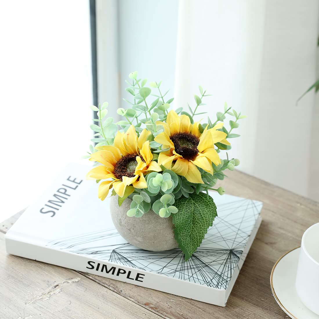 Rosscer Artificial Flowers Kit with Pot, Combination of Fake Silk Sunflowers and Greenery,Small Plant Potted Decor for Offices,Bookshelf,Bedroom, Living Room,Party,Wedding Decorations…
