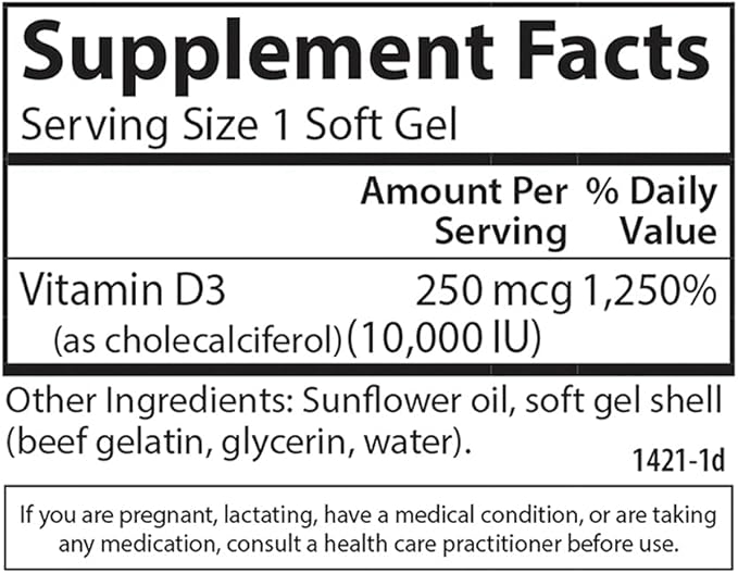 Carlson - Vitamin D3, 10000 IU (250 mcg), Vitamin D Supplements, Bone & Immune Support, Vitamin D3 Softgels, Heart Health, Gluten Free Vitamin D Capsules, 120 Softgels