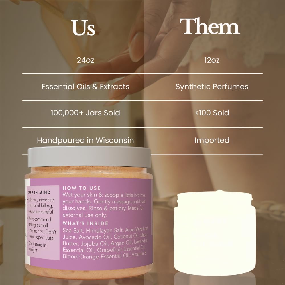 Bare Botanics Lavender Grapefruit Body Scrub 24 oz - Naturally Scented Himalayan Salt Scrub Made in Madison WI - Formulated w/Skin Loving Moisturizers - Cruelty Free Exfoliator w/a Cute Wooden Spoon