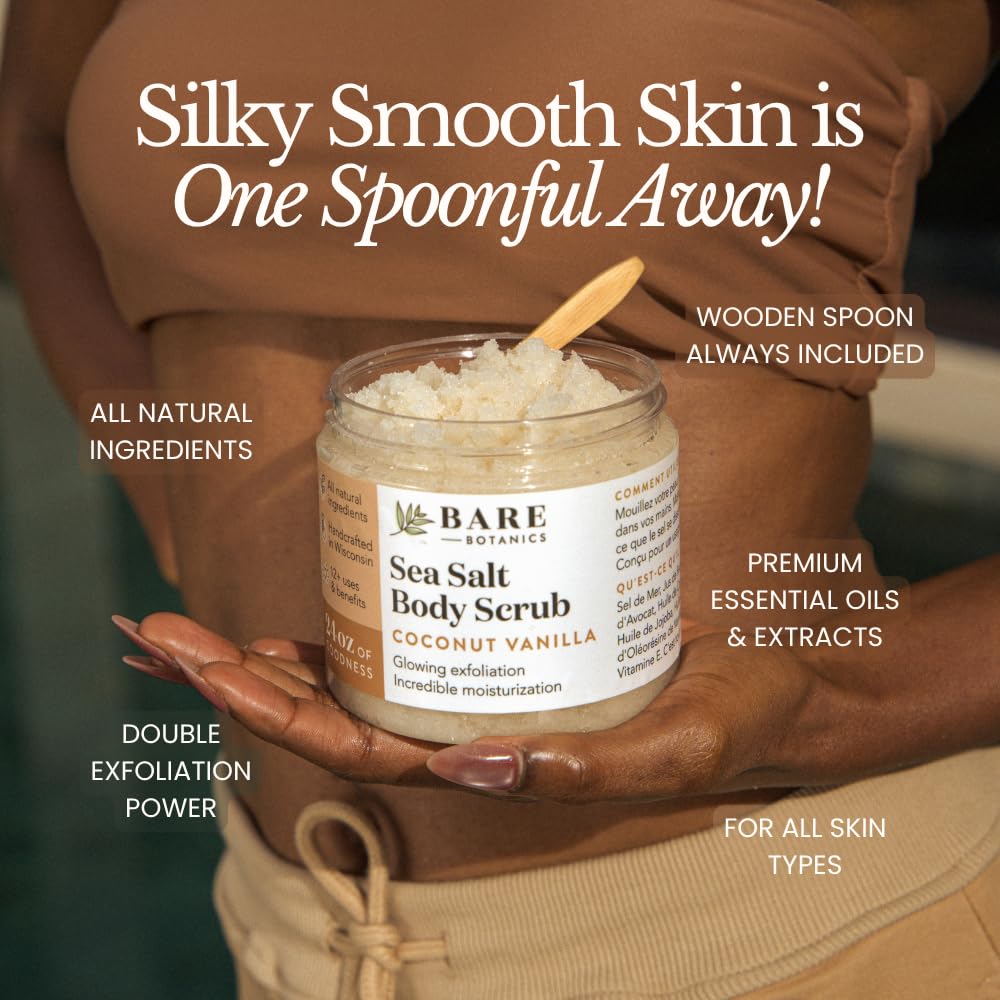 Bare Botanics Lavender Tea Tree Body Scrub 24oz | Made in Madison, WI | All Natural Sea Salt Exfoliator w/ Skin Loving Moisturizers | Vegan & Cruelty Free | Gift Ready Packaging w/ a Cute Wooden Spoon
