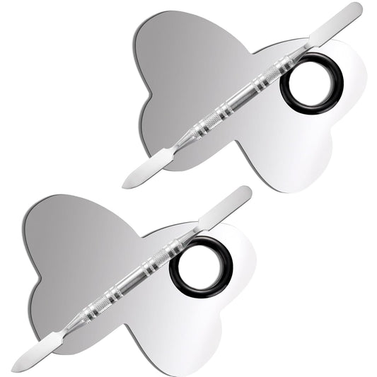 2 Pcs Stainless Makeup Mixing Palette,Tool for Mixing Foundation Nail-Art,Palette with A Stick,Storage Bag,Beauty Salon Color Cream Mixing Palette,Makeup Artist,Makeup Enthusiast (Butterfly Shaped)