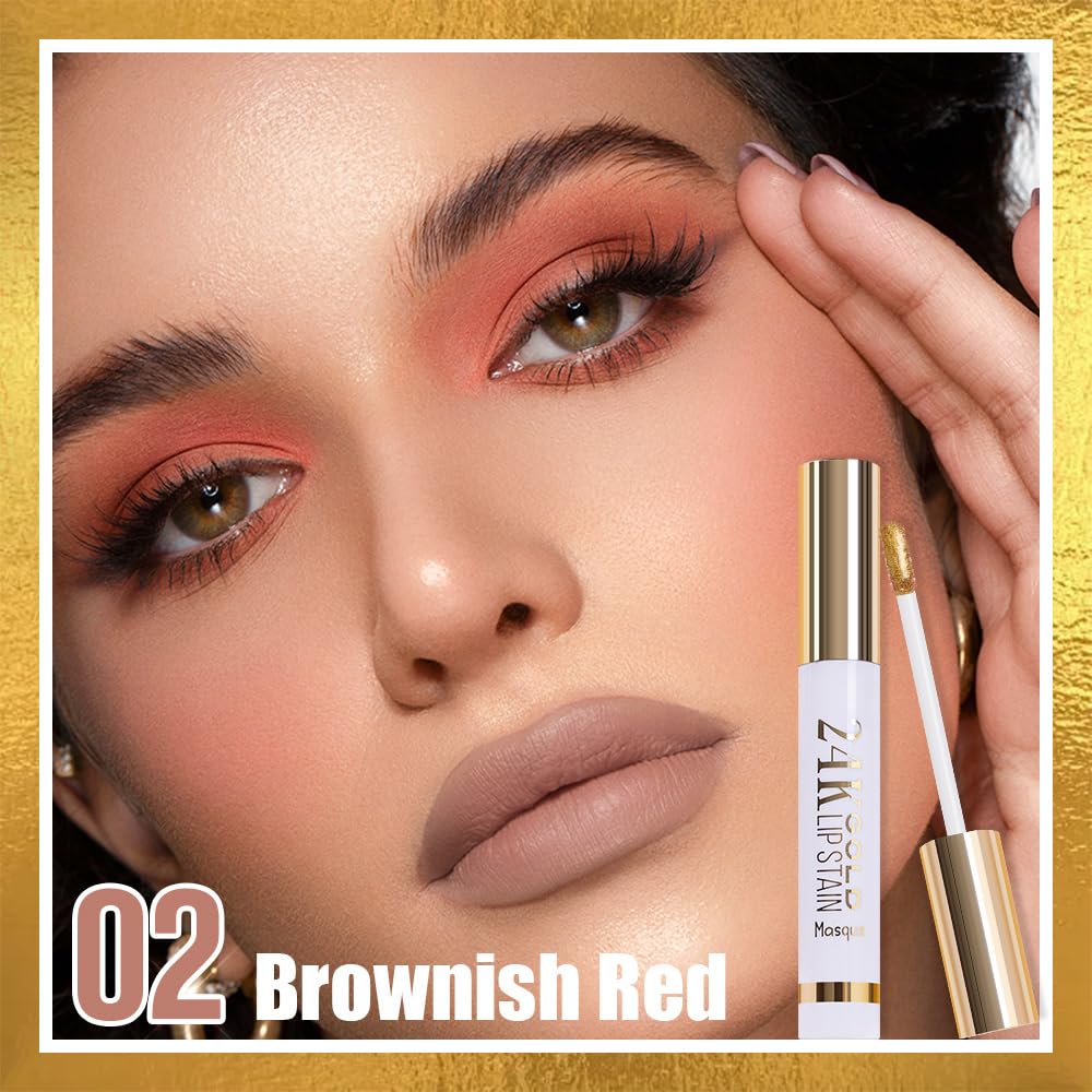 2Pcs 2025 New 24K Gold Liquid Lip Gloss Peel Off Lip Stain Tattoo with Tweezer, Lips Stain Peel Off Masque, Long Lasting Waterproof Lip Tint Stain, Transfer-proof for All Skin Types 01#+02#