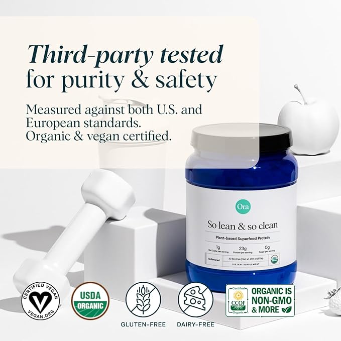 Ora Organic Vegan Protein Powder - 23g Plant Based Pea Protein + Superfood for Women and Men - Unsweetened 20 Servings, No Erythritol, Digestive Enzyme, Keto-Friendly, Gluten-Free, Paleo, Soy-Free