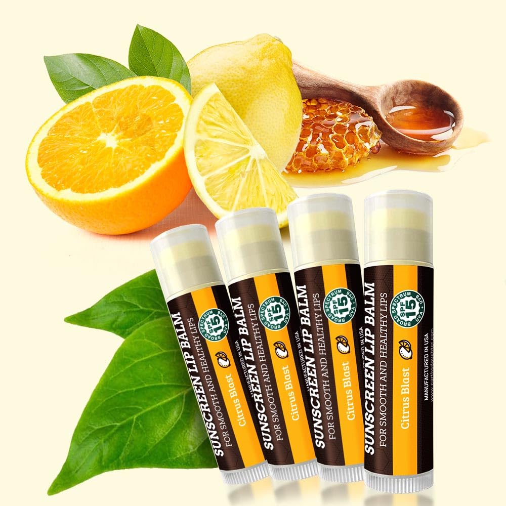 Earth's Daughter SPF Lip Balm 4-Pack Citrus Flavor - Lip Sunscreen, SPF 15, Organic Ingredients, Beeswax, Coconut Oil, Vitamin E - Hypoallergenic, Paraben Free, Gluten Free