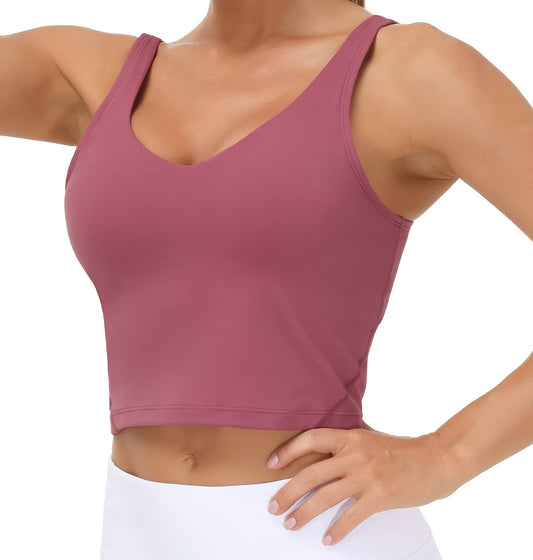 Women’s Longline Sports Bra Wirefree Padded Medium Support Yoga Bras Gym Running Workout Tank Tops (Rose red, X-Small)