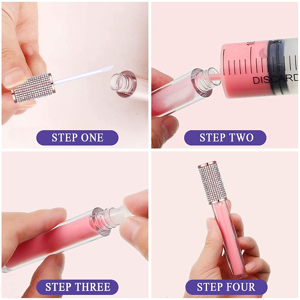 AMORIX 72 Pack 5ml Crystal Rhinestone Lip Gloss Tubes with Wand 5ml Empty Lip Gloss Containers Lipgloss Bottles with Stoppers 4pcs Syringes + Labels for DIY Lip Gloss Balm