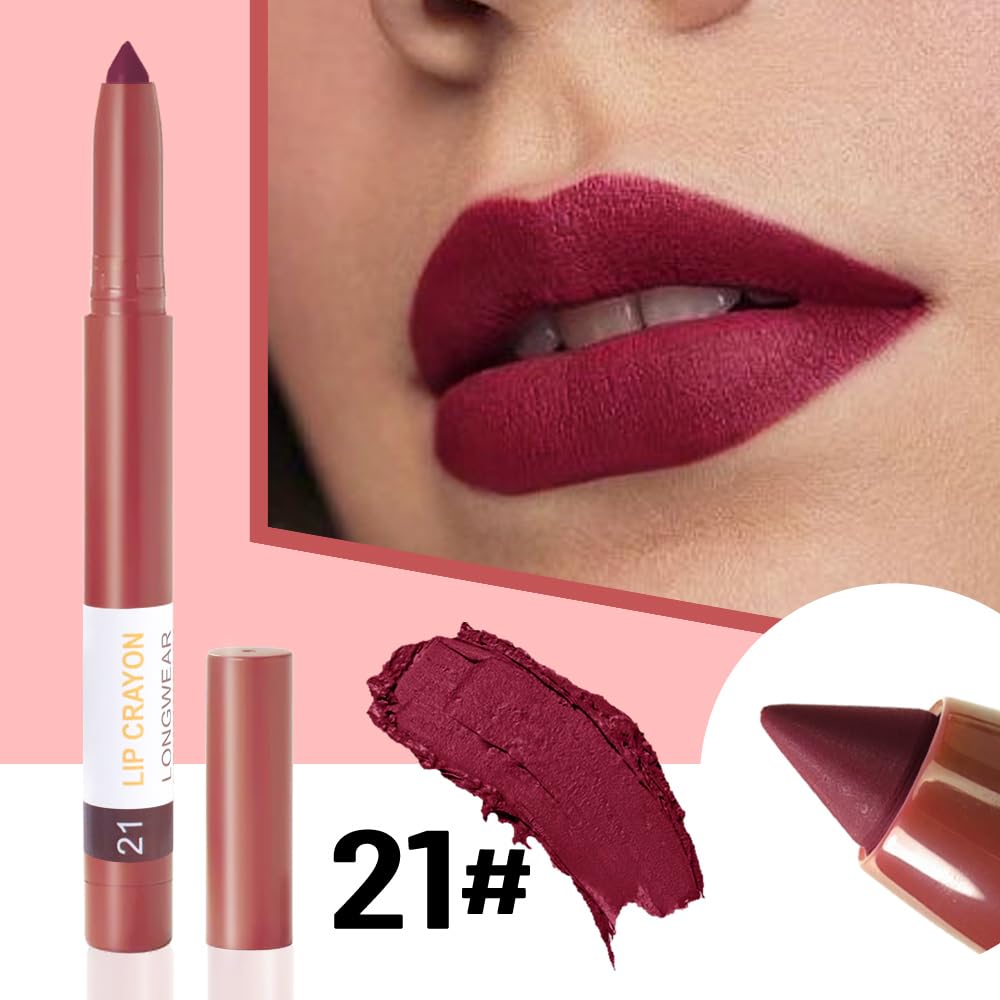 BINGBRUSH Lip Crayons Matte Longwear Lipstick Pack Set,Moisture Smooth Lipliner With Built-in Sharpener Ultimate Super Stay Ink Lip Crayon for Makeup-Waterproof Velvet Lipgloss Lip Stain(21#Dark Red)