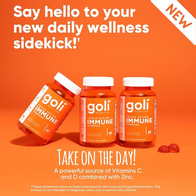 Goli Immune Vitamin Gummy - 180 Count - Elderberry, Vitamin C, D & Zinc, Vegan, Non-GMO, Gluten-Free & Gelatin-Free, Pack of 3