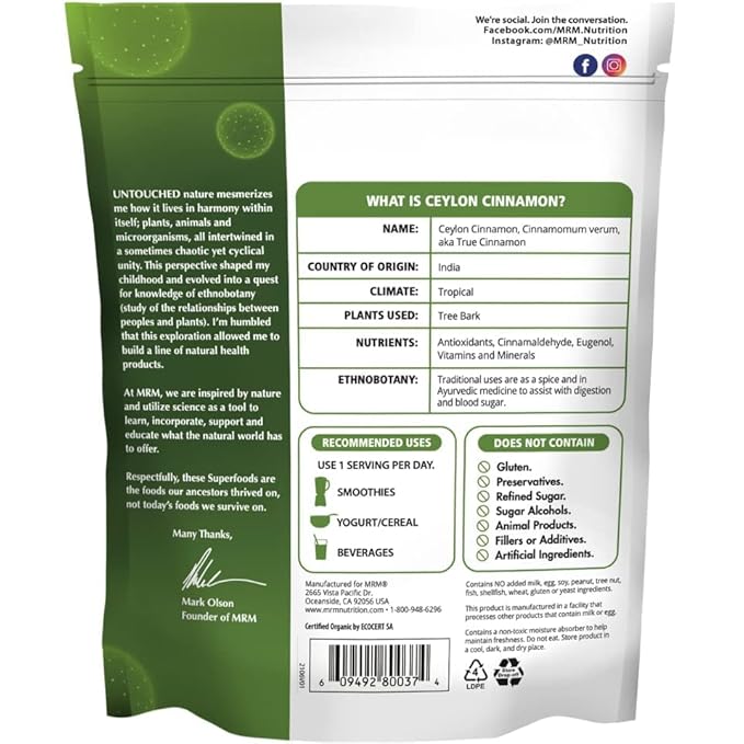MRM Nutrition Organic Ceylon Cinnamon Powder | Superfoods | True cinnamon | Antioxidants | Heart health | Vegan + Gluten-free | 113 servings