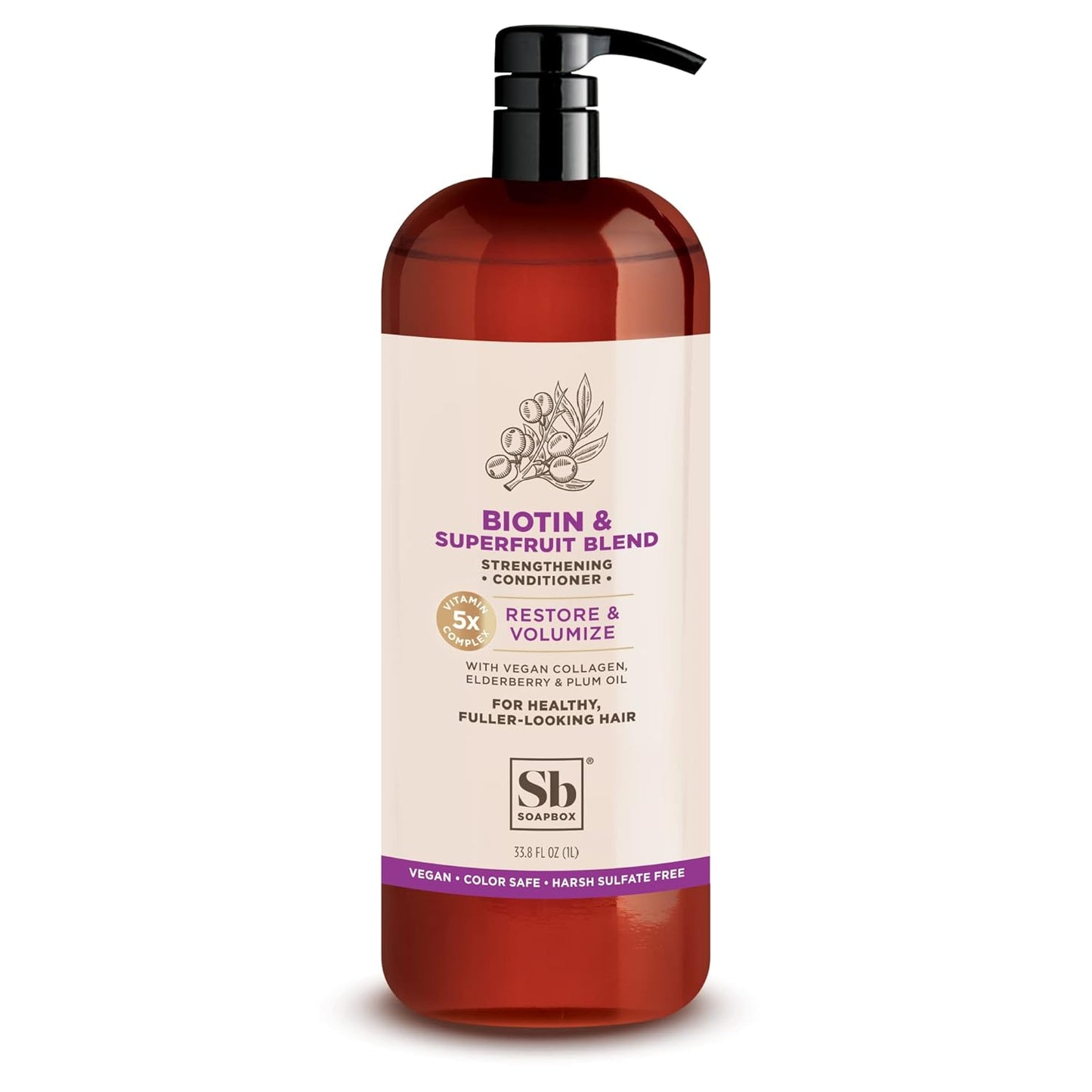 Soapbox Biotin & Collagen Super Fruit Conditioner for Thin, Fine, Thinning Hair | Volumizing & Softening Conditioner to Promote Hair Growth, Strength, Fullness, 1 Liter Pump Bottle